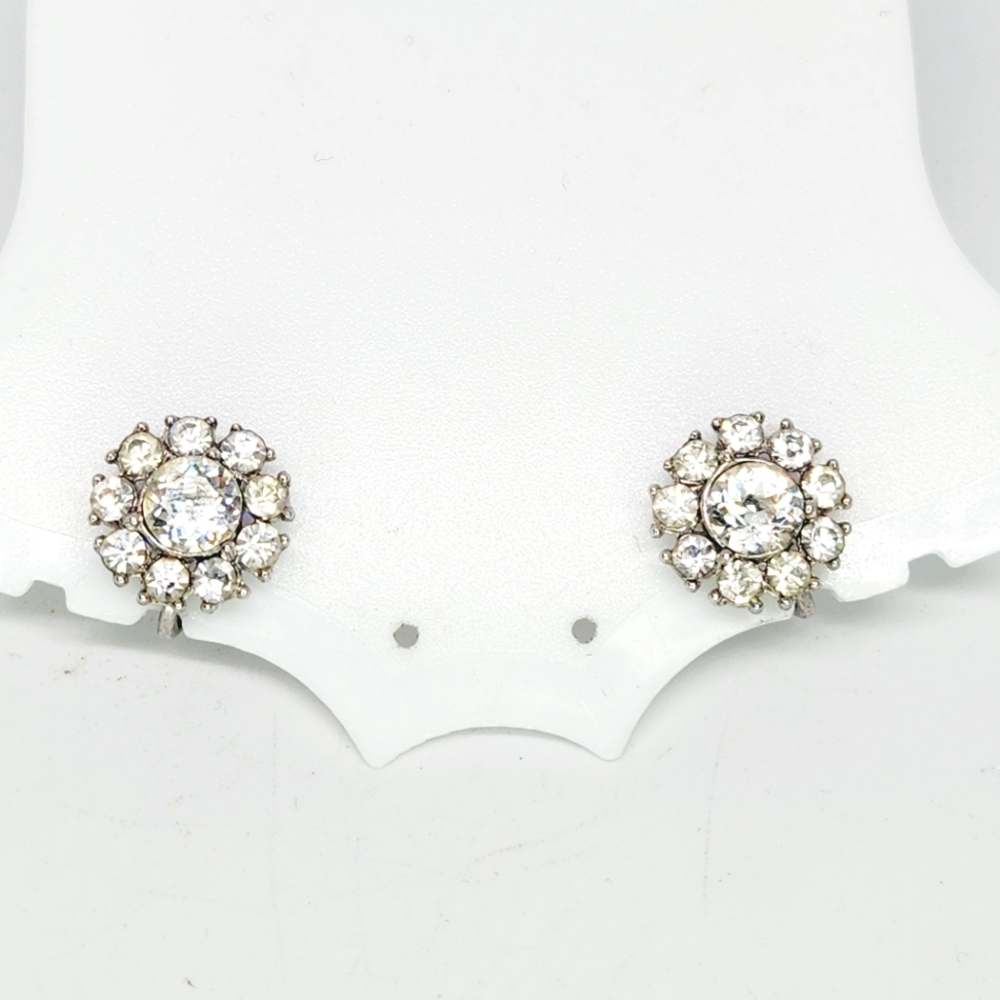 VTG Signed Crown Trifari Crystal Rhinestone Cluster Flower Burst Clip Earrings